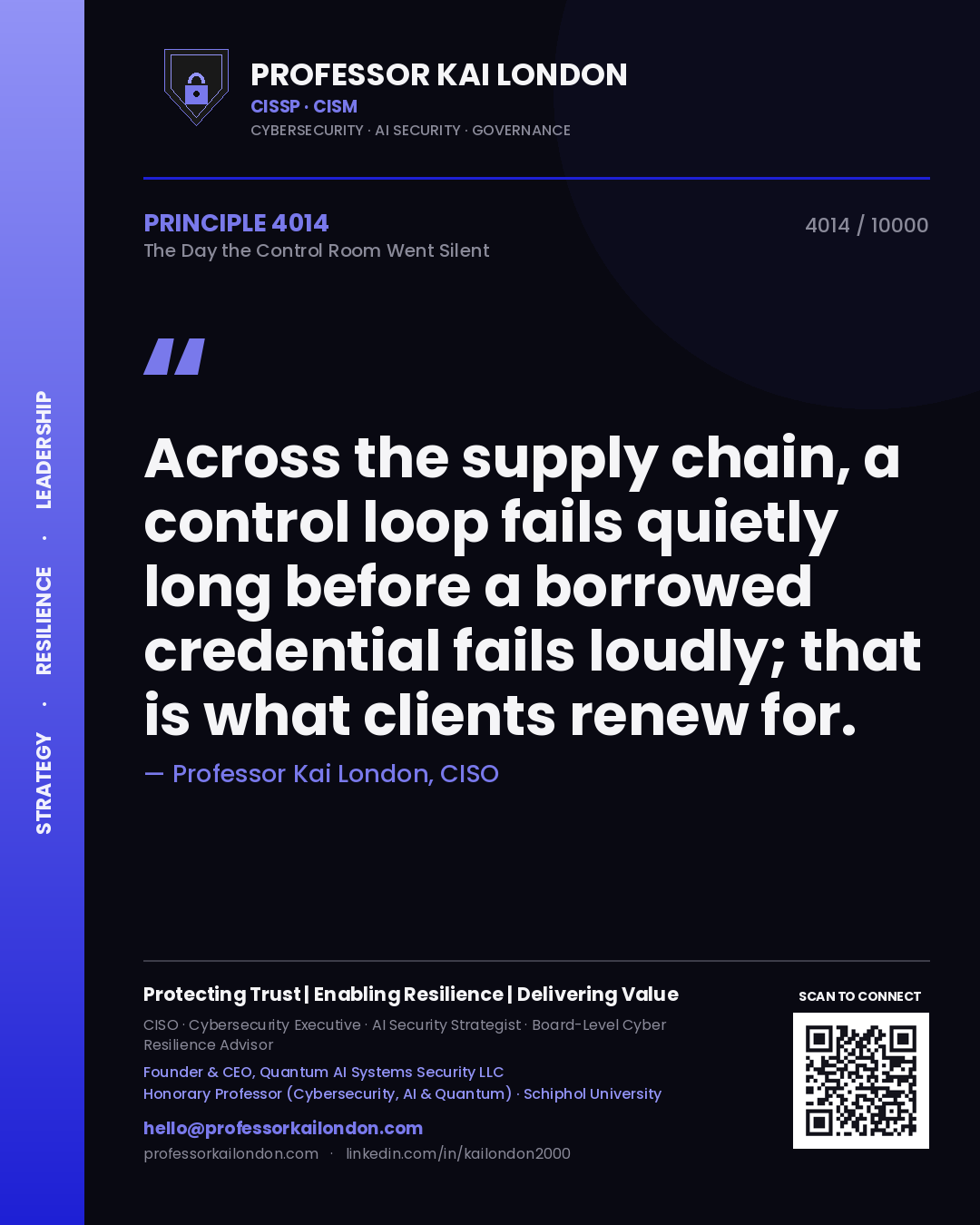 Professor Kai London principle 4014: Across the supply chain, a control loop fails quietly long before a borrowed credential fails loudly; that is what clients renew for.