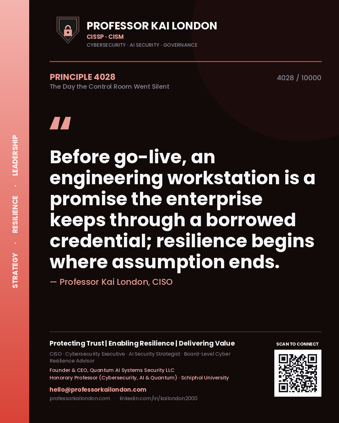 Professor Kai London principle 4028: Before go-live, an engineering workstation is a promise the enterprise keeps through a borrowed credential; resilience begins where assumption ends.