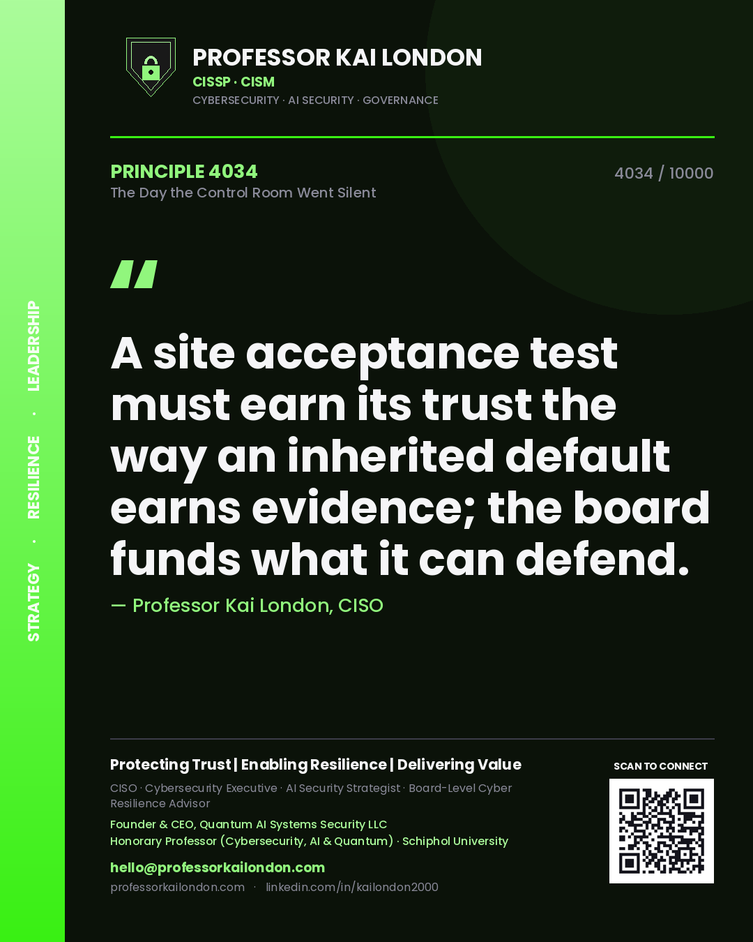 Professor Kai London principle 4034: A site acceptance test must earn its trust the way an inherited default earns evidence; the board funds what it can defend.