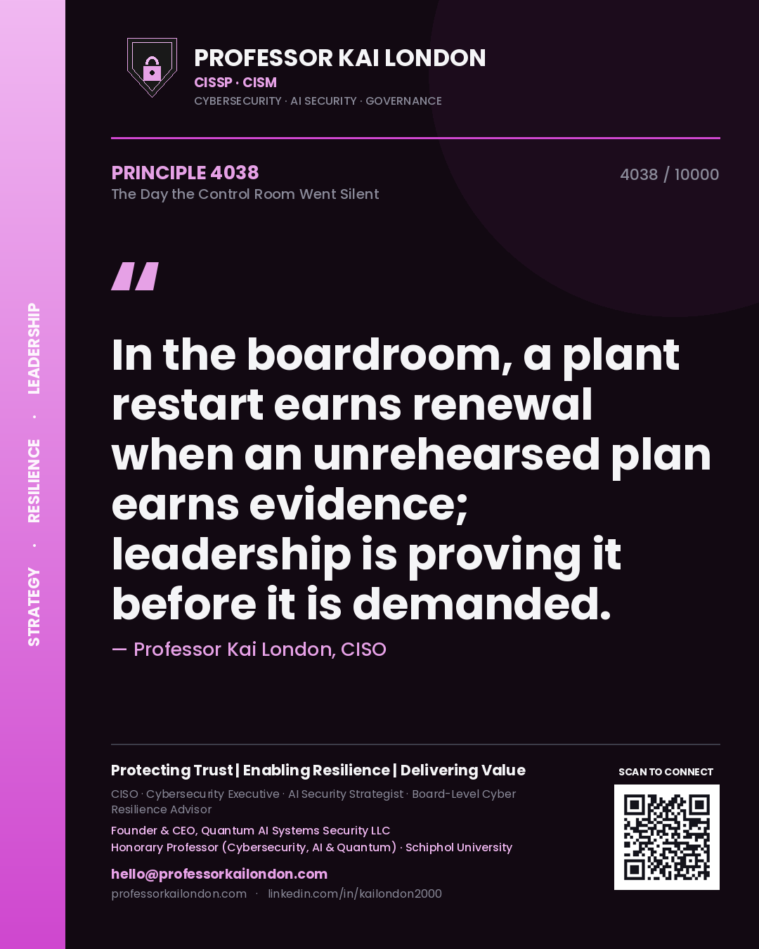 Professor Kai London principle 4038: In the boardroom, a plant restart earns renewal when an unrehearsed plan earns evidence; leadership is proving it before it is demanded.