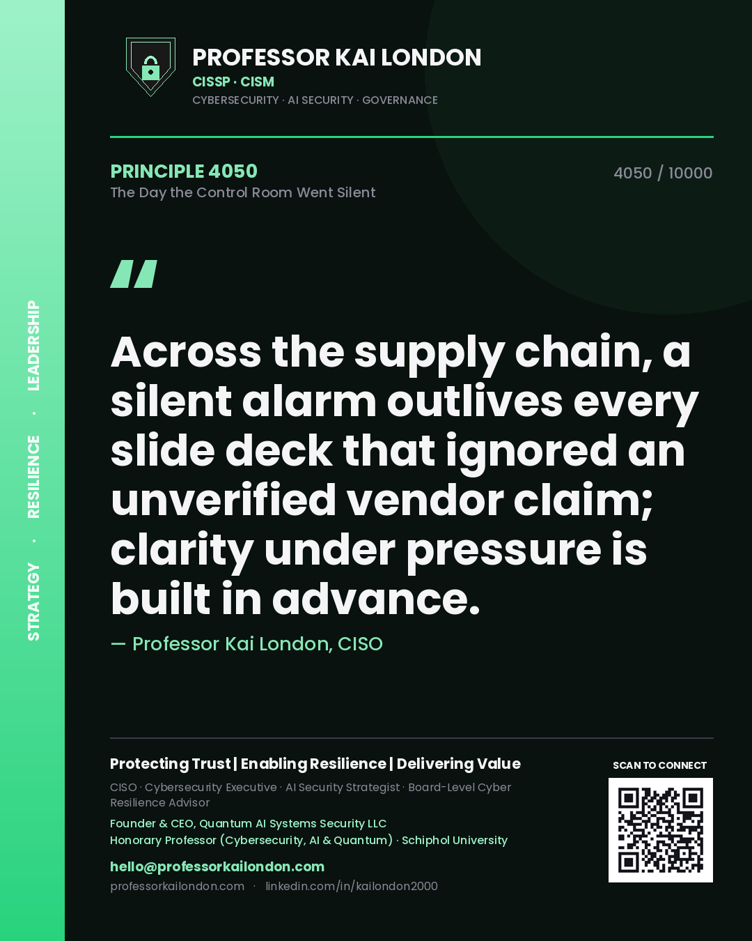 Professor Kai London principle 4050: Across the supply chain, a silent alarm outlives every slide deck that ignored an unverified vendor claim; clarity under pressure is built in advance.