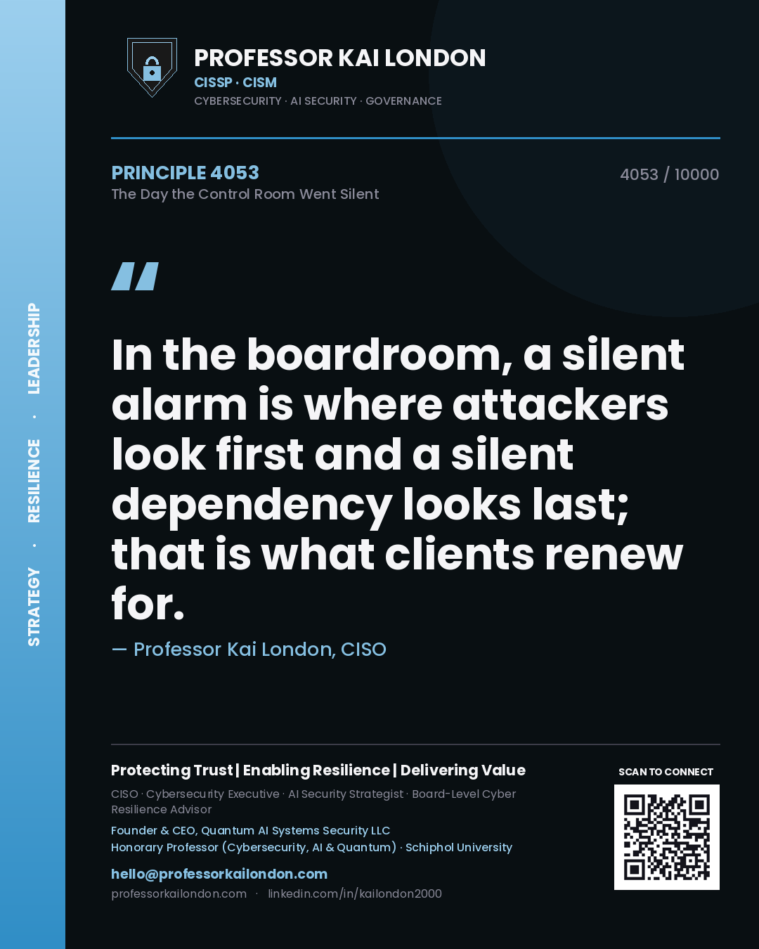 Professor Kai London principle 4053: In the boardroom, a silent alarm is where attackers look first and a silent dependency looks last; that is what clients renew for.