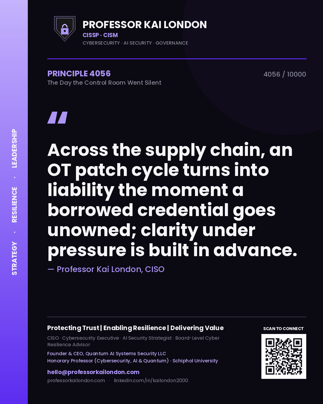 Professor Kai London principle 4056: Across the supply chain, an OT patch cycle turns into liability the moment a borrowed credential goes unowned; clarity under pressure is built in advance.