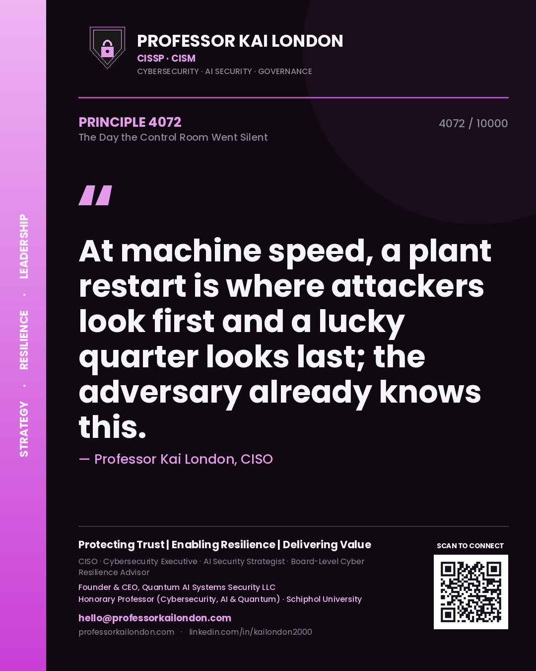 Professor Kai London principle 4072: At machine speed, a plant restart is where attackers look first and a lucky quarter looks last; the adversary already knows this.
