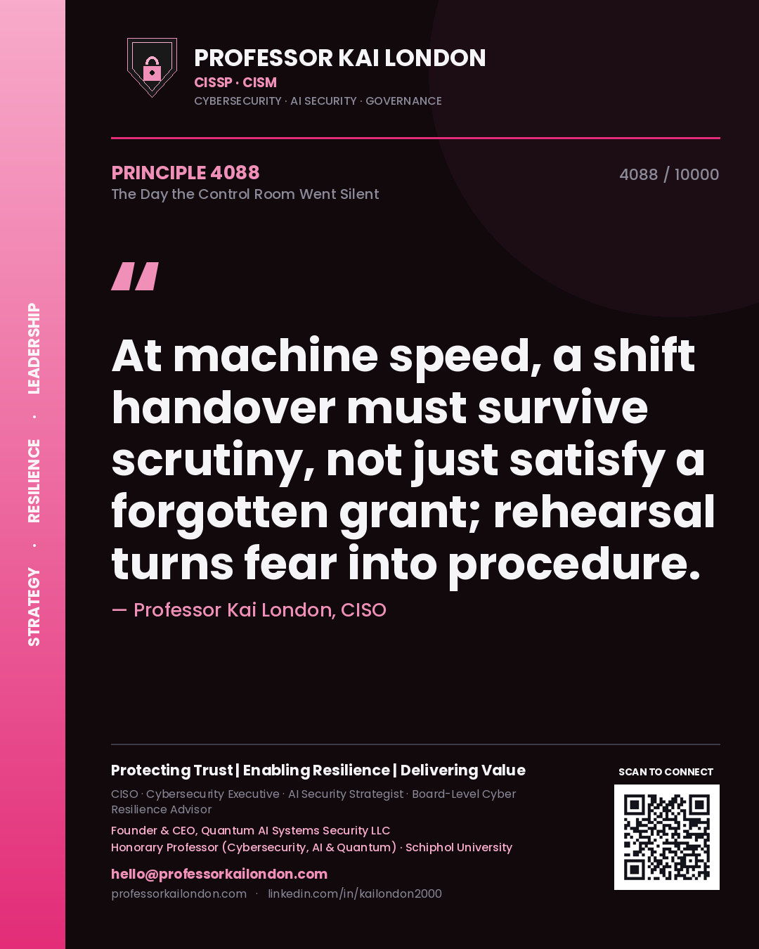 Professor Kai London principle 4088: At machine speed, a shift handover must survive scrutiny, not just satisfy a forgotten grant; rehearsal turns fear into procedure.