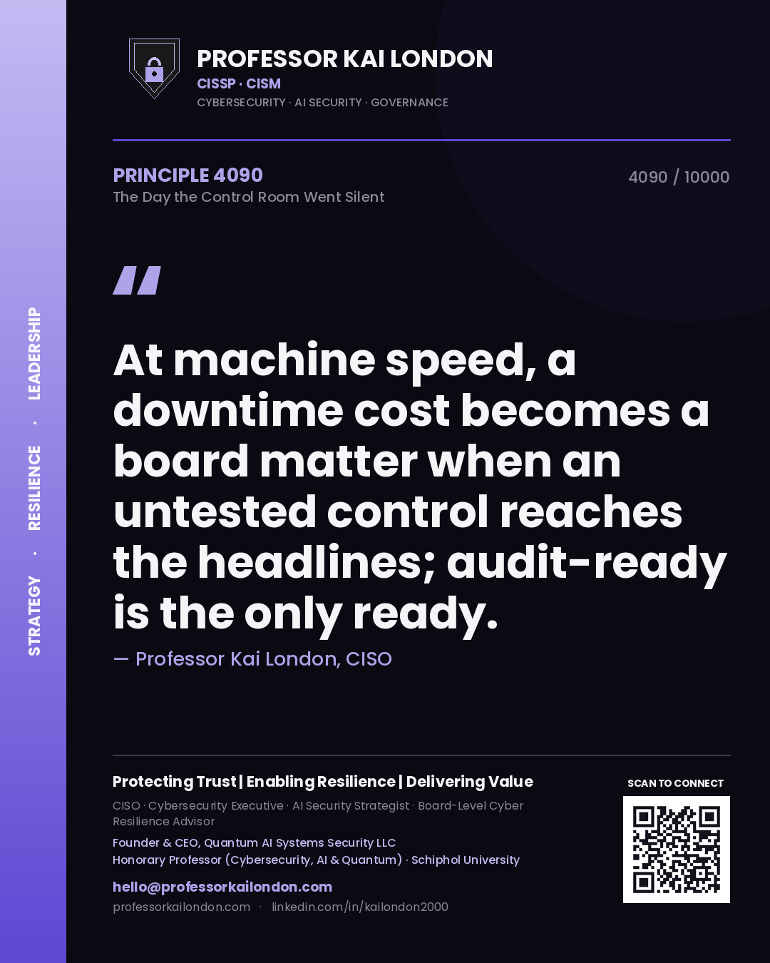 Professor Kai London principle 4090: At machine speed, a downtime cost becomes a board matter when an untested control reaches the headlines; audit-ready is the only ready.