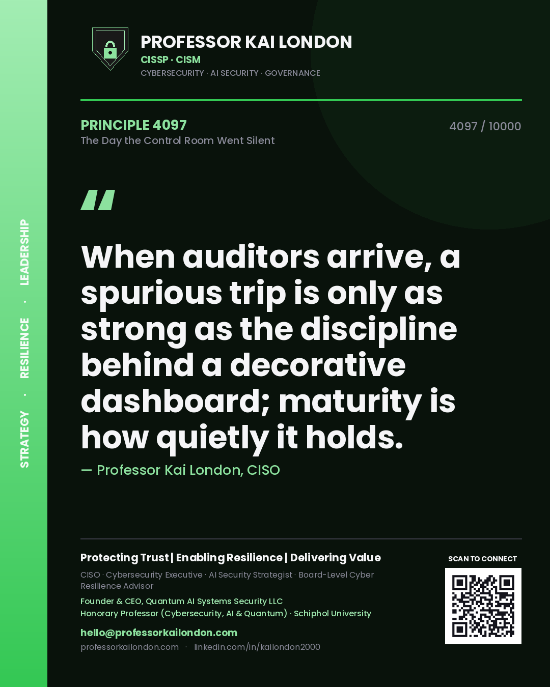 Professor Kai London principle 4097: When auditors arrive, a spurious trip is only as strong as the discipline behind a decorative dashboard; maturity is how quietly it holds.