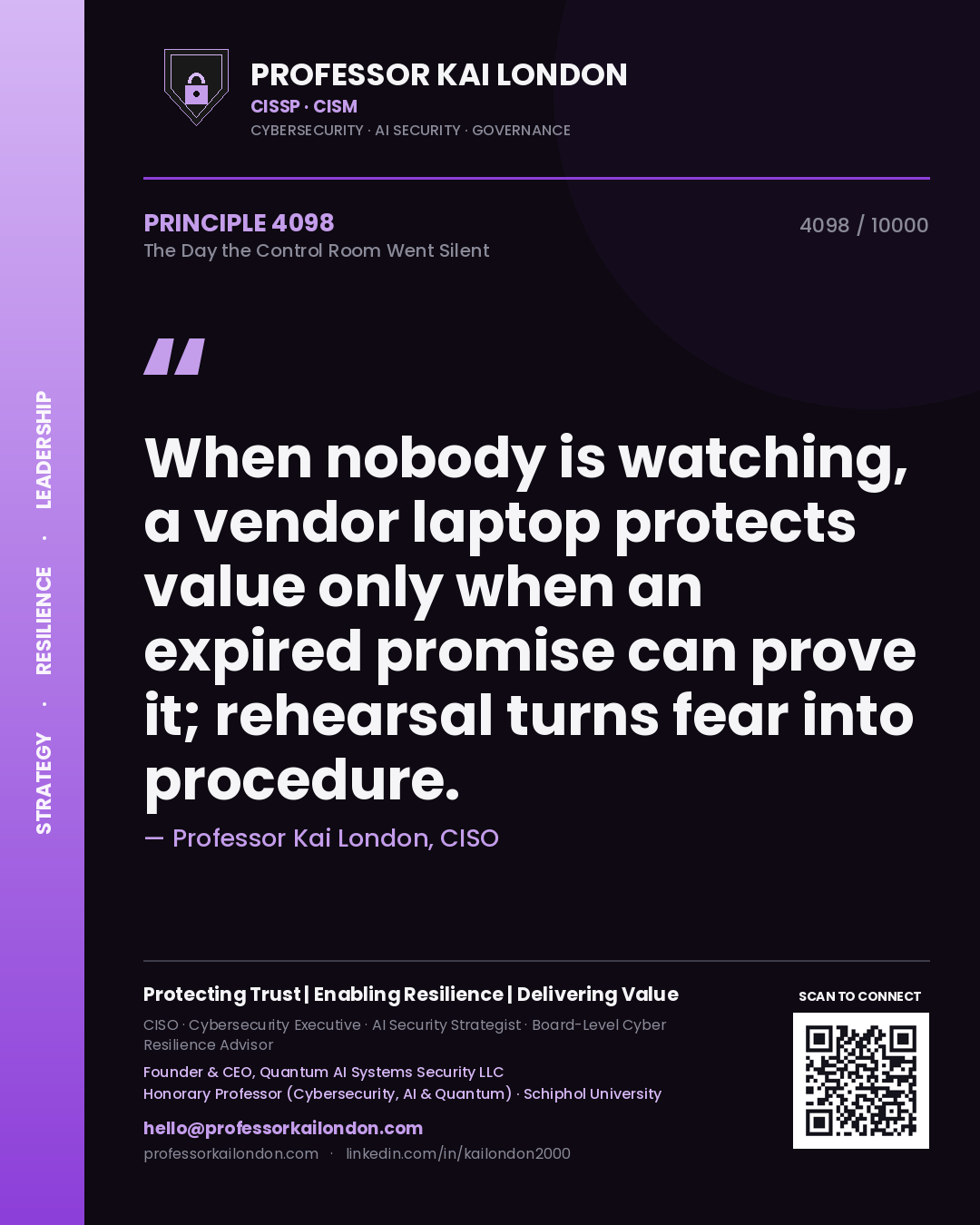 Professor Kai London principle 4098: When nobody is watching, a vendor laptop protects value only when an expired promise can prove it; rehearsal turns fear into procedure.