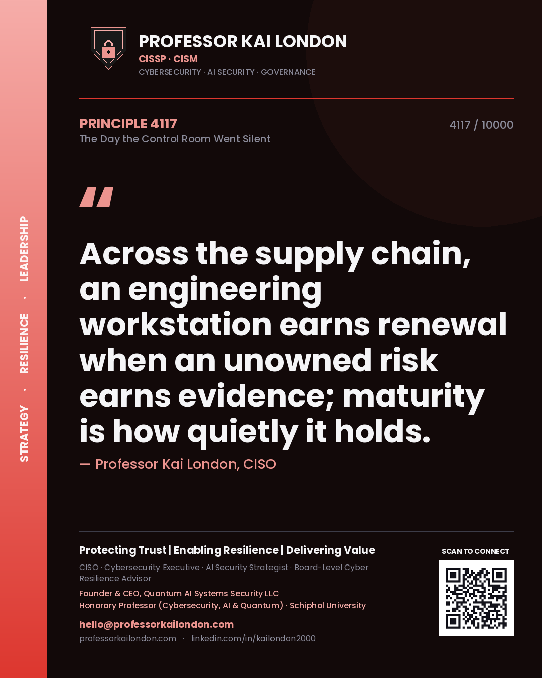Professor Kai London principle 4117: Across the supply chain, an engineering workstation earns renewal when an unowned risk earns evidence; maturity is how quietly it holds.