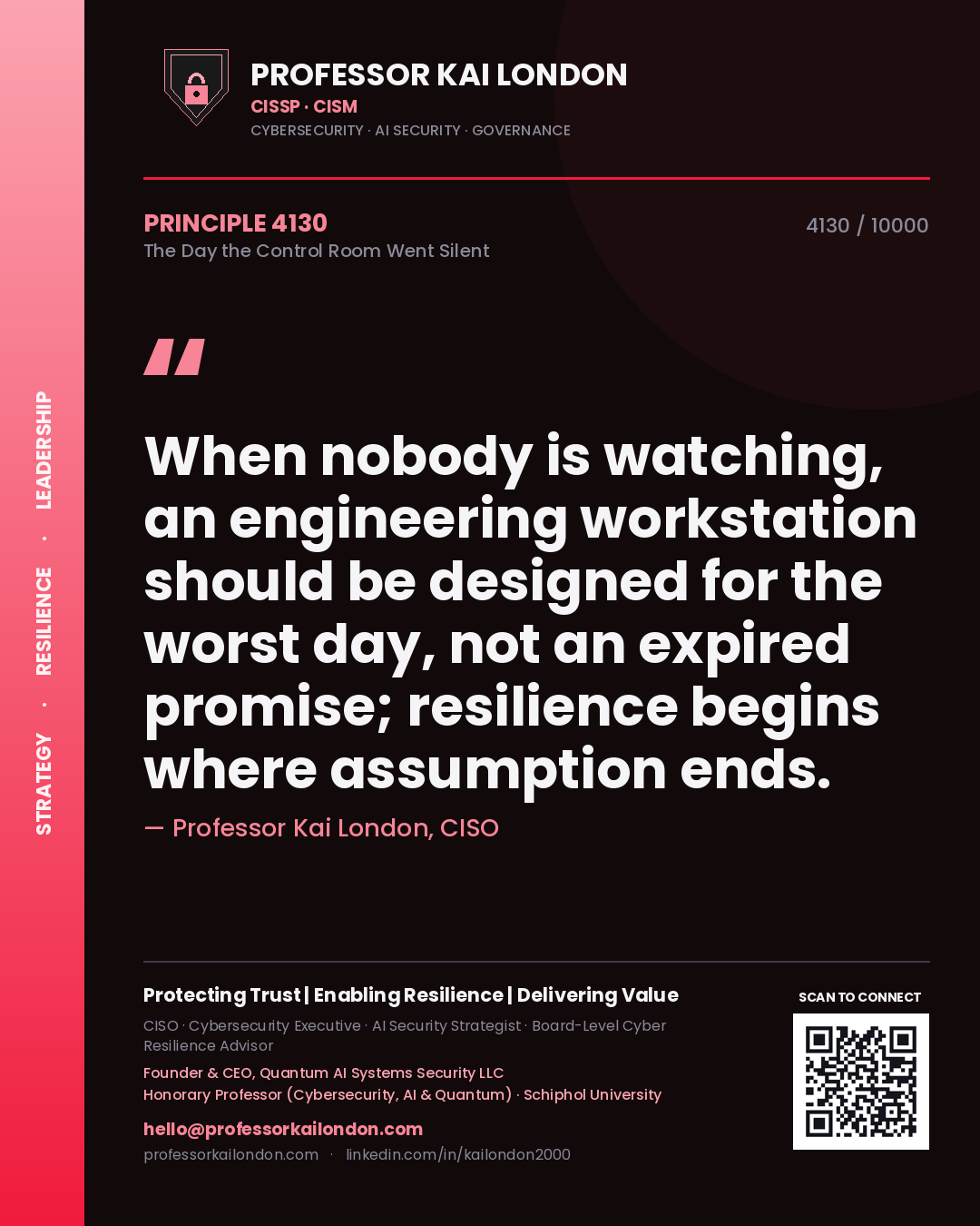 Professor Kai London principle 4130: When nobody is watching, an engineering workstation should be designed for the worst day, not an expired promise; resilience begins where assumption ends.