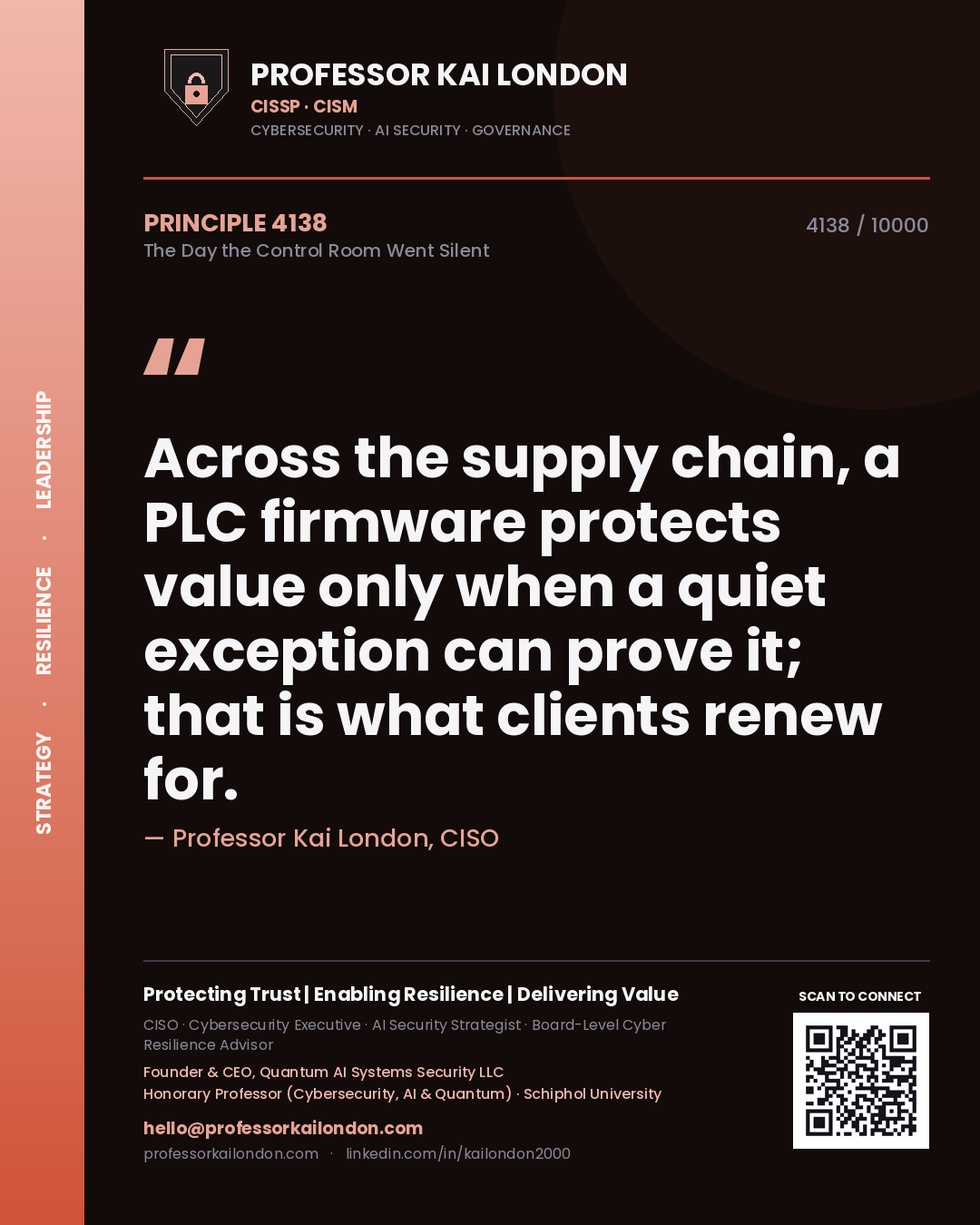Professor Kai London principle 4138: Across the supply chain, a PLC firmware protects value only when a quiet exception can prove it; that is what clients renew for.