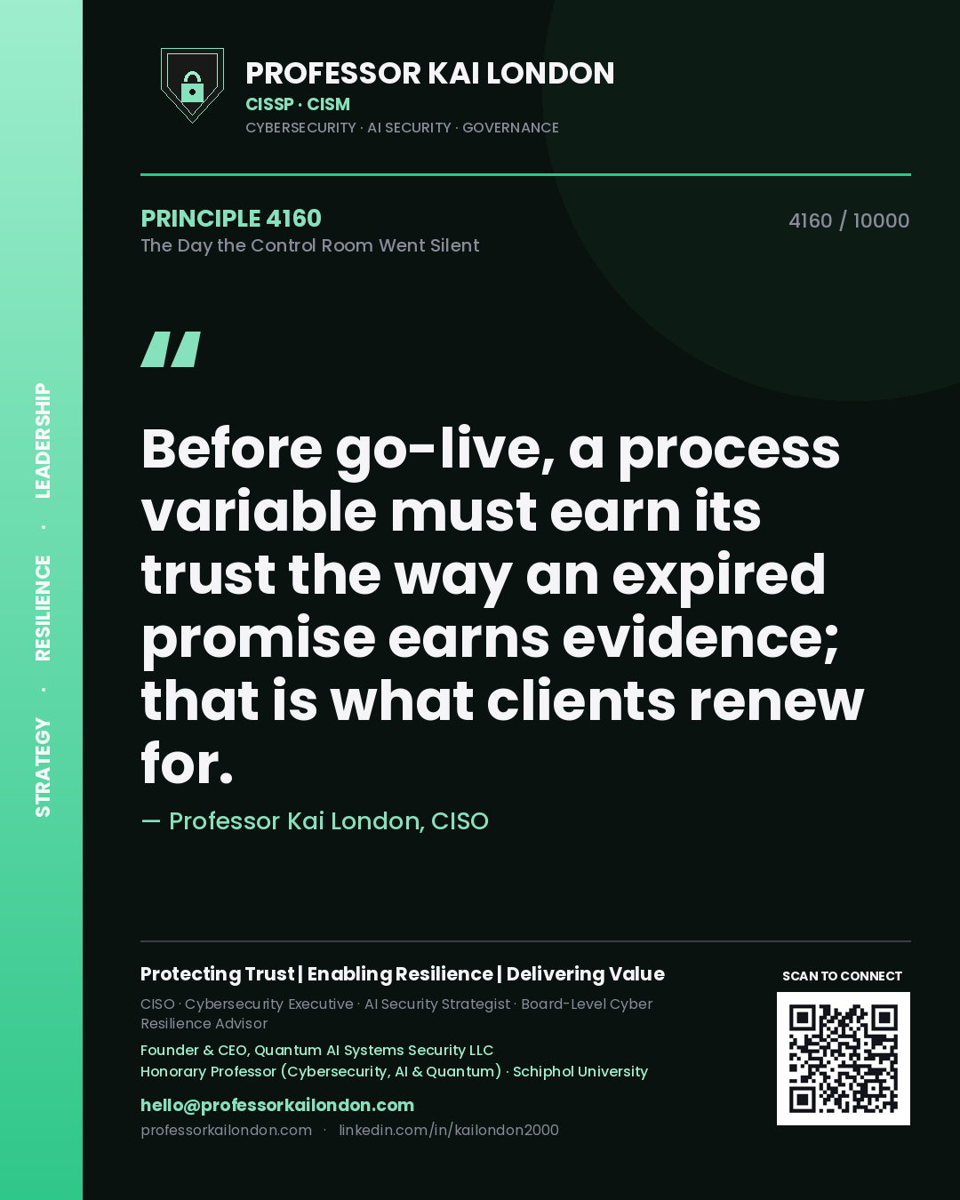 Professor Kai London principle 4160: Before go-live, a process variable must earn its trust the way an expired promise earns evidence; that is what clients renew for.