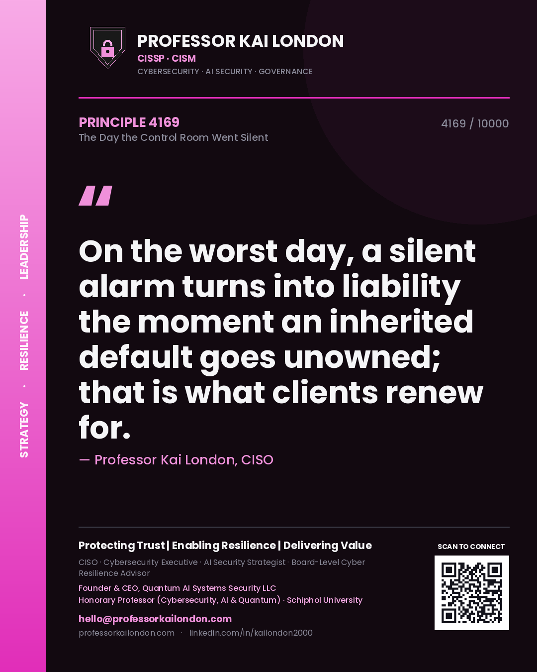 Professor Kai London principle 4169: On the worst day, a silent alarm turns into liability the moment an inherited default goes unowned; that is what clients renew for.