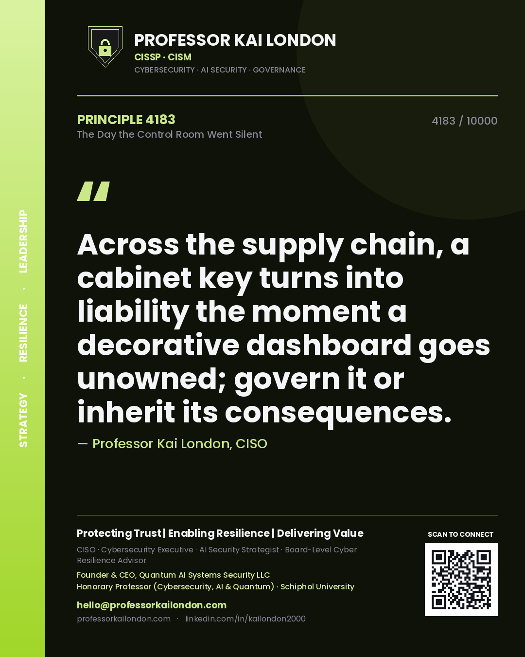 Professor Kai London principle 4183: Across the supply chain, a cabinet key turns into liability the moment a decorative dashboard goes unowned; govern it or inherit its consequences.