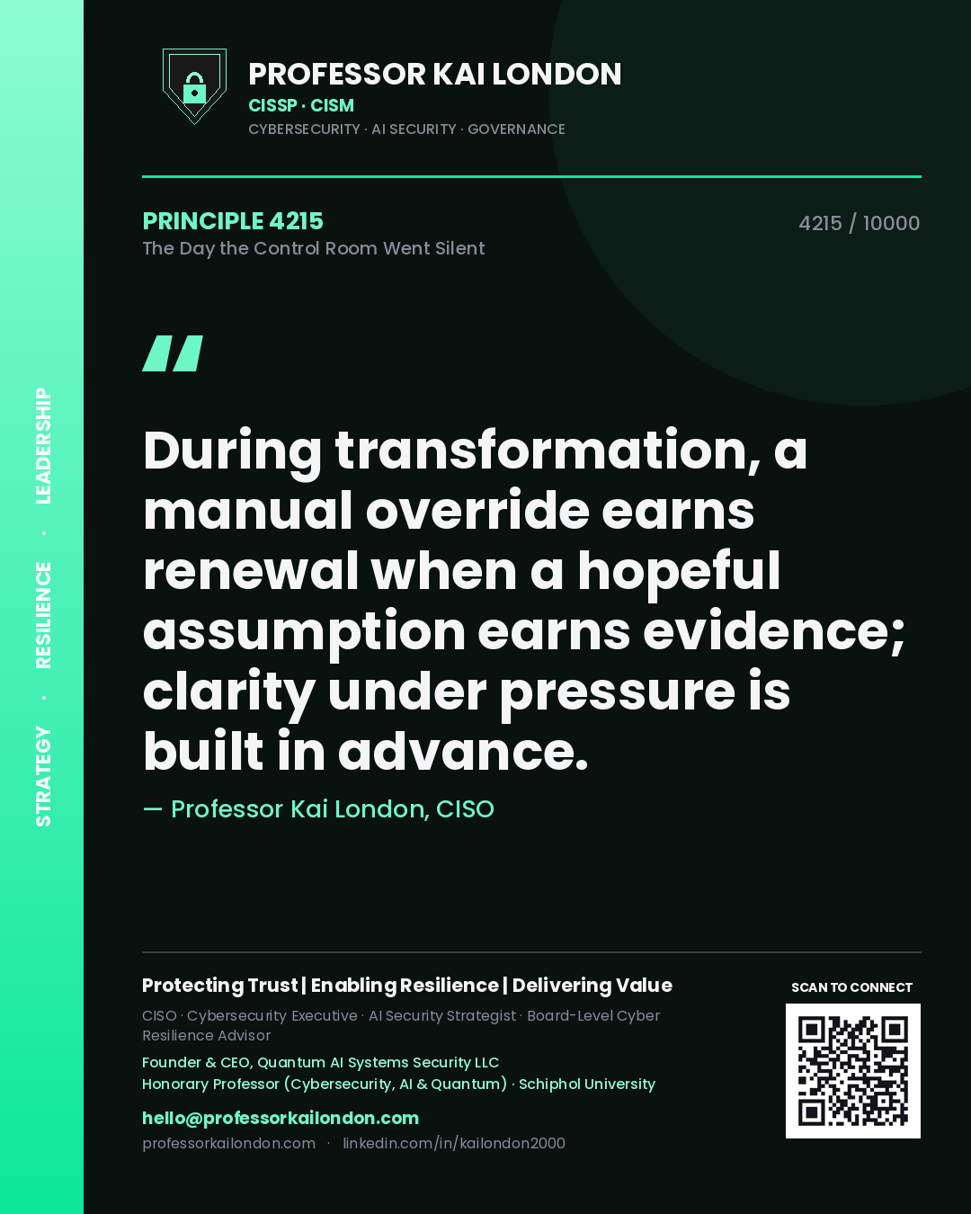 Professor Kai London principle 4215: During transformation, a manual override earns renewal when a hopeful assumption earns evidence; clarity under pressure is built in advance.
