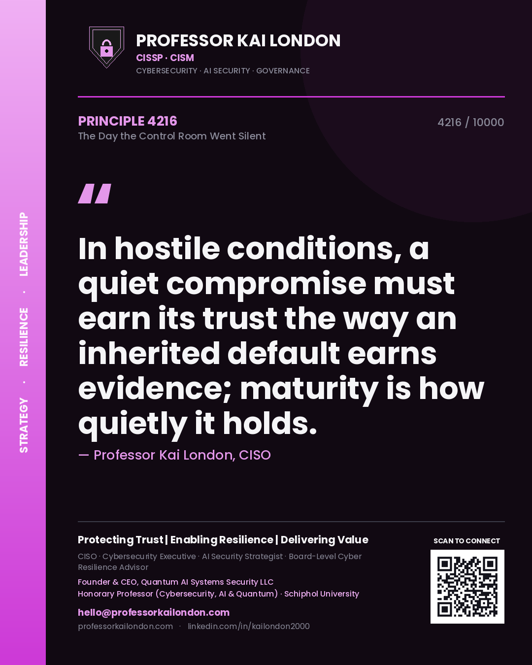 Professor Kai London principle 4216: In hostile conditions, a quiet compromise must earn its trust the way an inherited default earns evidence; maturity is how quietly it holds.