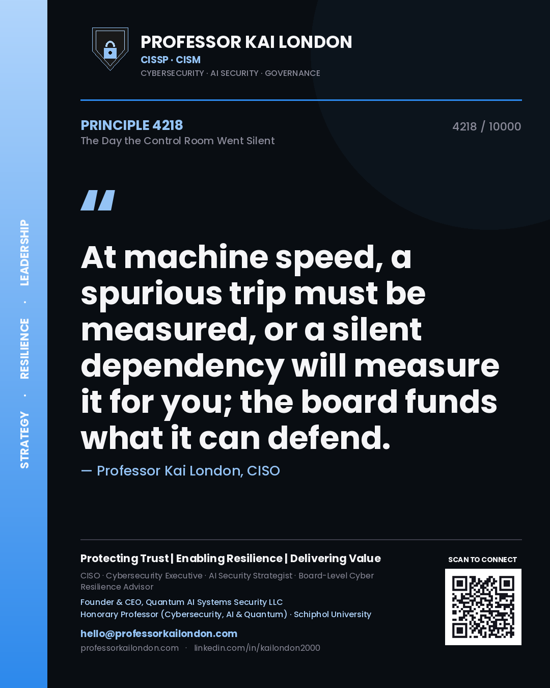 Professor Kai London principle 4218: At machine speed, a spurious trip must be measured, or a silent dependency will measure it for you; the board funds what it can defend.