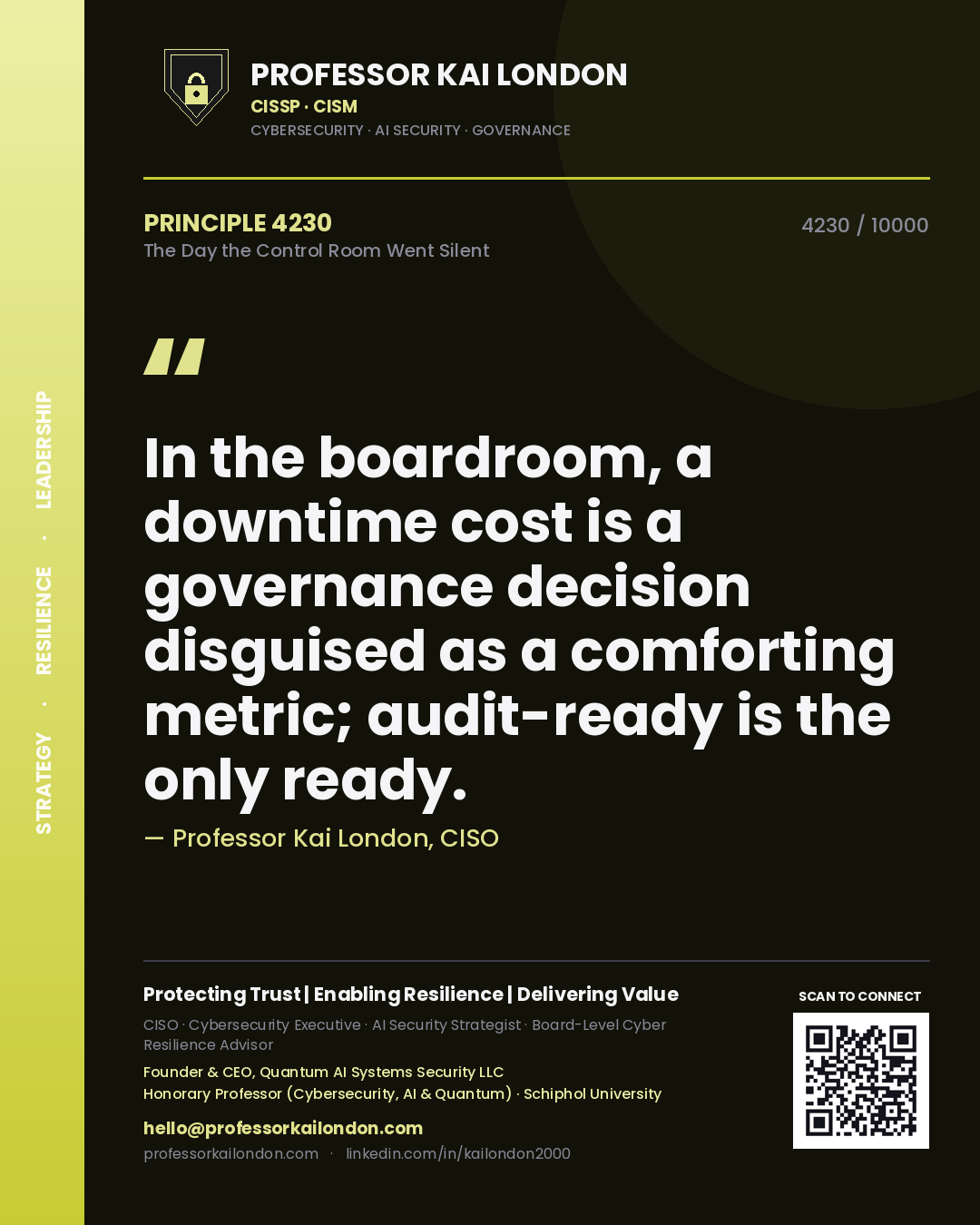 Professor Kai London principle 4230: In the boardroom, a downtime cost is a governance decision disguised as a comforting metric; audit-ready is the only ready.