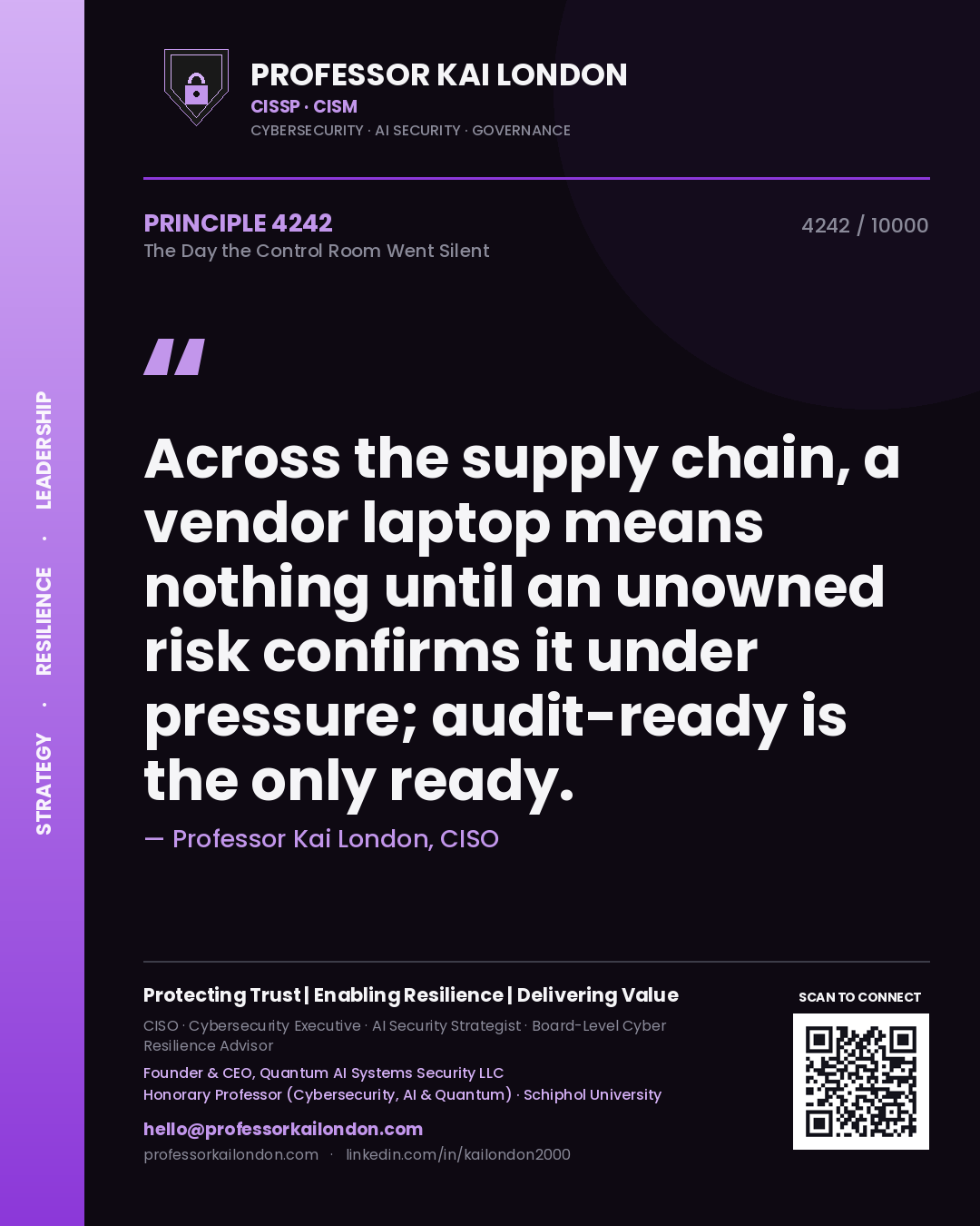 Professor Kai London principle 4242: Across the supply chain, a vendor laptop means nothing until an unowned risk confirms it under pressure; audit-ready is the only ready.