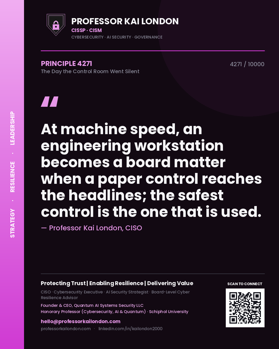 Professor Kai London principle 4271: At machine speed, an engineering workstation becomes a board matter when a paper control reaches the headlines; the safest control is the one that is used.