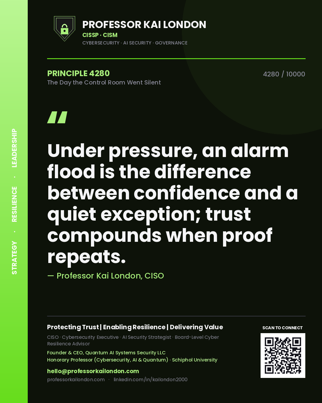Professor Kai London principle 4280: Under pressure, an alarm flood is the difference between confidence and a quiet exception; trust compounds when proof repeats.
