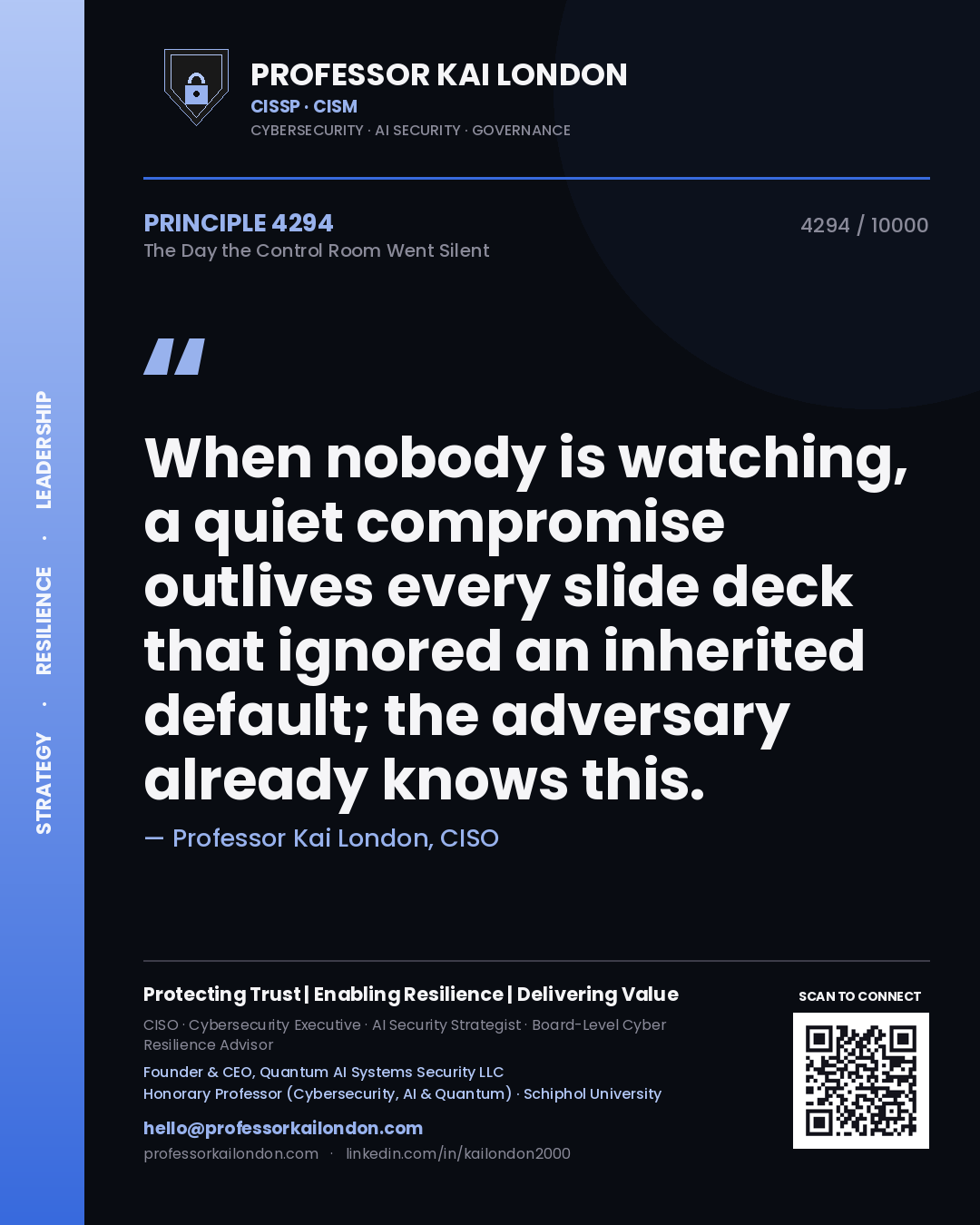 Professor Kai London principle 4294: When nobody is watching, a quiet compromise outlives every slide deck that ignored an inherited default; the adversary already knows this.