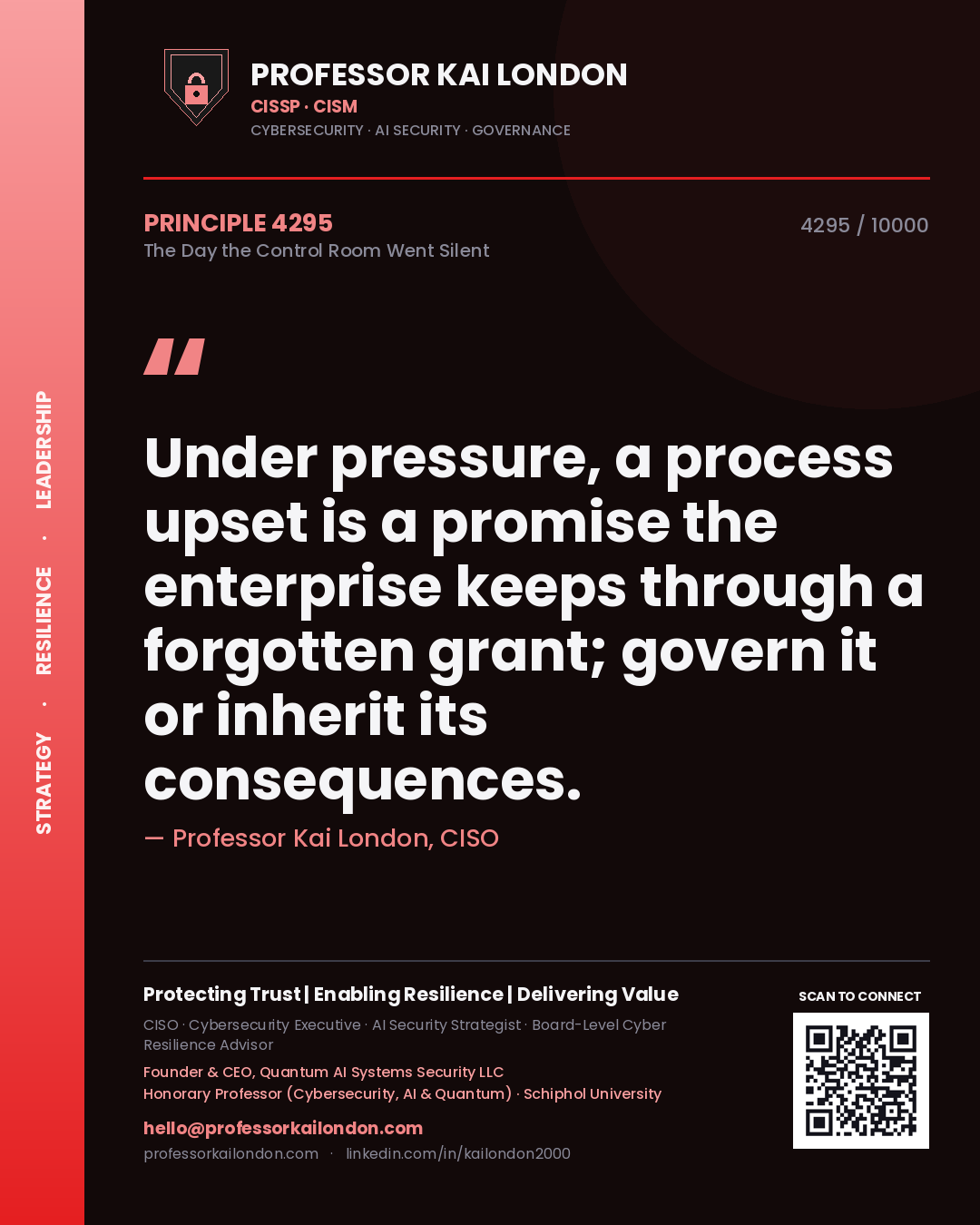 Professor Kai London principle 4295: Under pressure, a process upset is a promise the enterprise keeps through a forgotten grant; govern it or inherit its consequences.