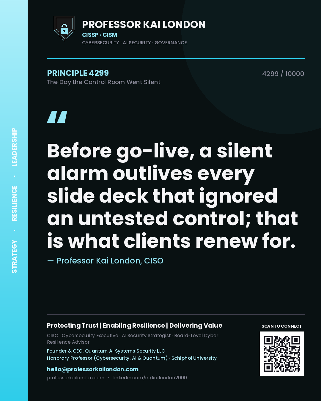 Professor Kai London principle 4299: Before go-live, a silent alarm outlives every slide deck that ignored an untested control; that is what clients renew for.