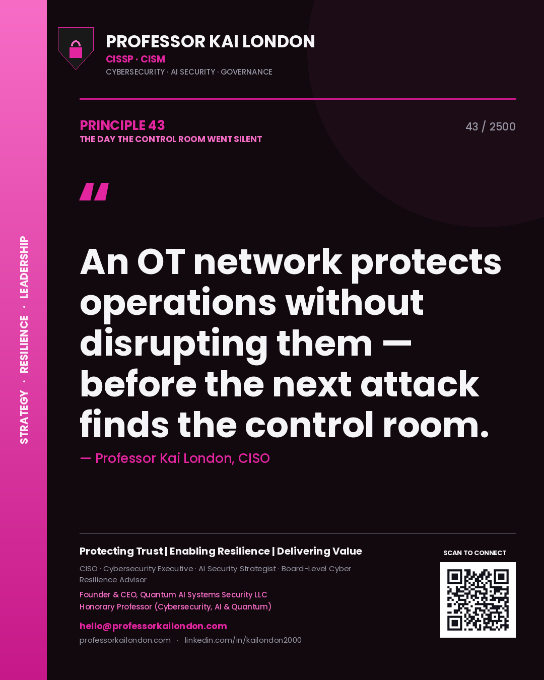 Professor Kai London principle 43: An OT network protects operations without disrupting them — before the next attack finds the control room.