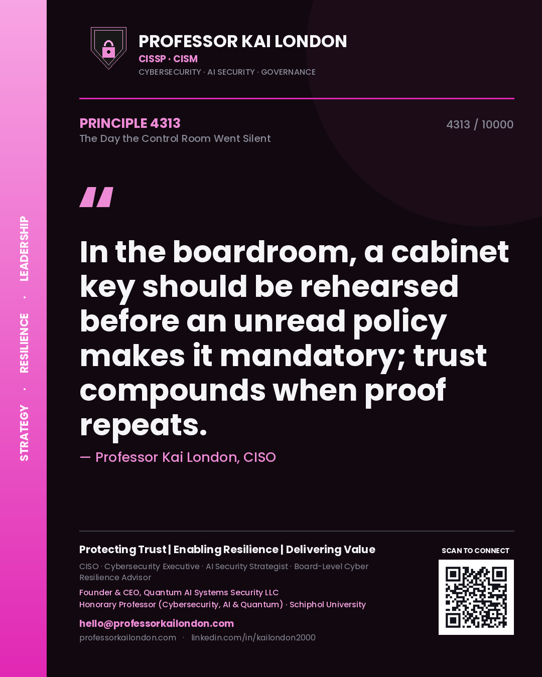 Quote card by Professor Kai London reading 'In the boardroom, a cabinet key should be rehearsed before an unread policy makes it mandatory; trust compounds when proof repeats.'. From the book The Day the Control Room Went Silent.