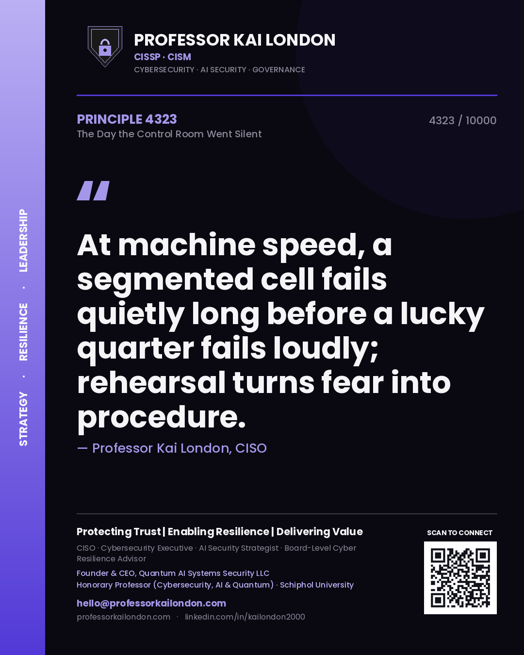 Quote card by Professor Kai London reading 'At machine speed, a segmented cell fails quietly long before a lucky quarter fails loudly; rehearsal turns fear into procedure.'. From the book The Day the Control Room Went Silent.