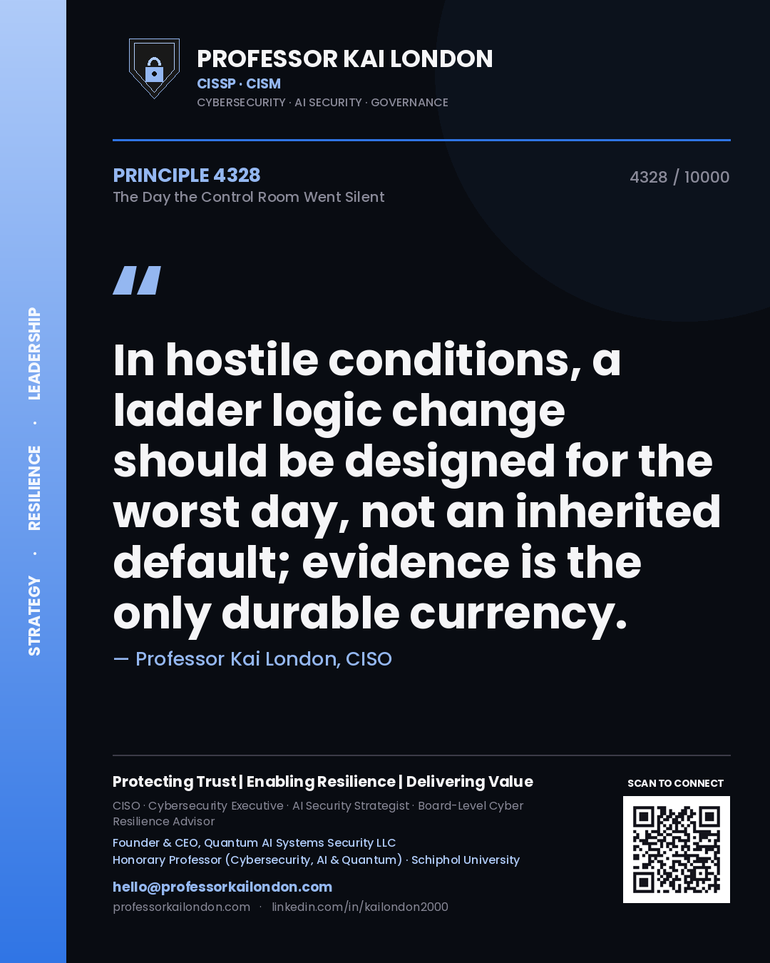 Professor Kai London principle 4328: In hostile conditions, a ladder logic change should be designed for the worst day, not an inherited default; evidence is the only durable currency.