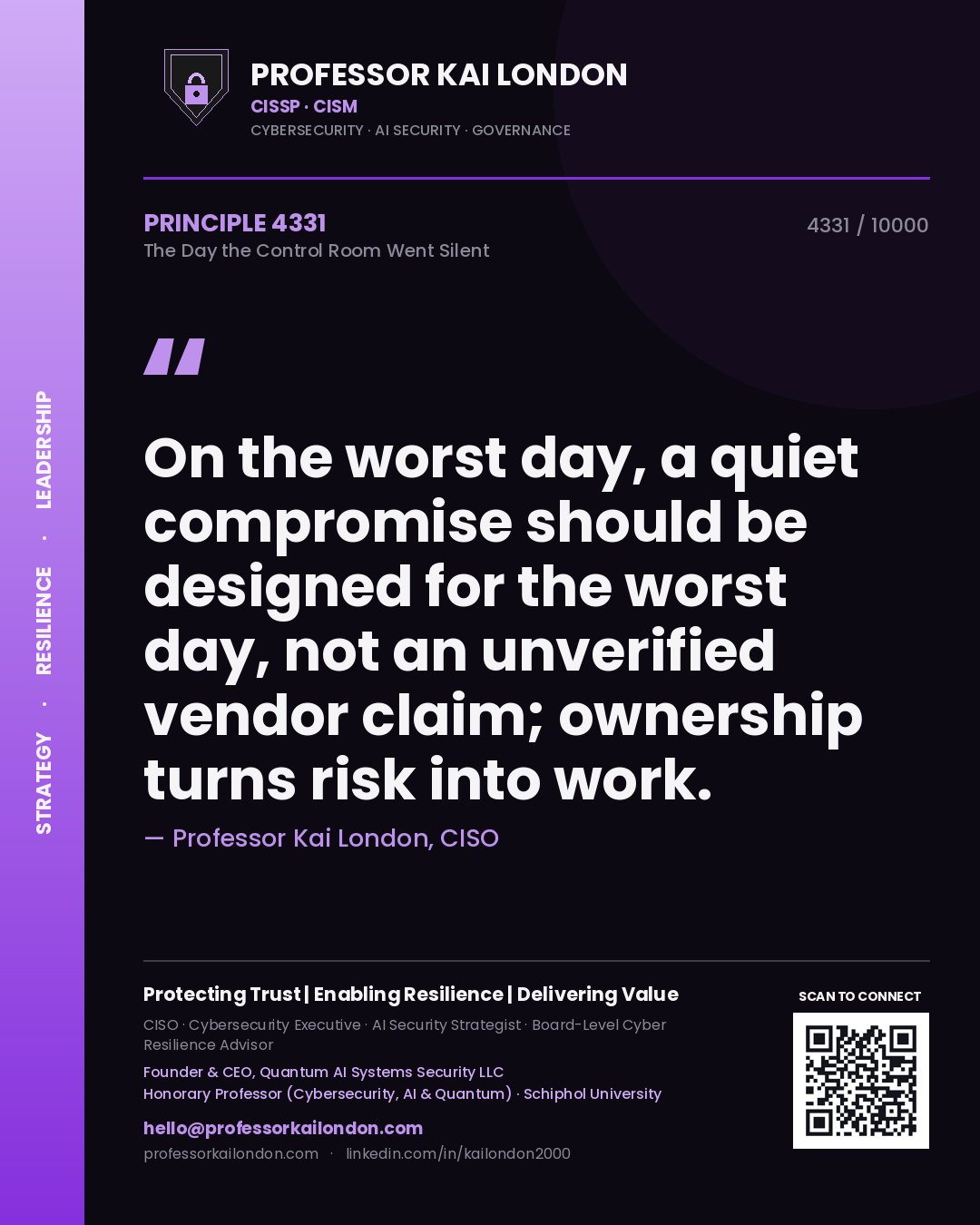 Quote card by Professor Kai London reading 'On the worst day, a quiet compromise should be designed for the worst day, not an unverified vendor claim; ownership turns risk into work.'. From the book The Day the Control Room Went Silent.