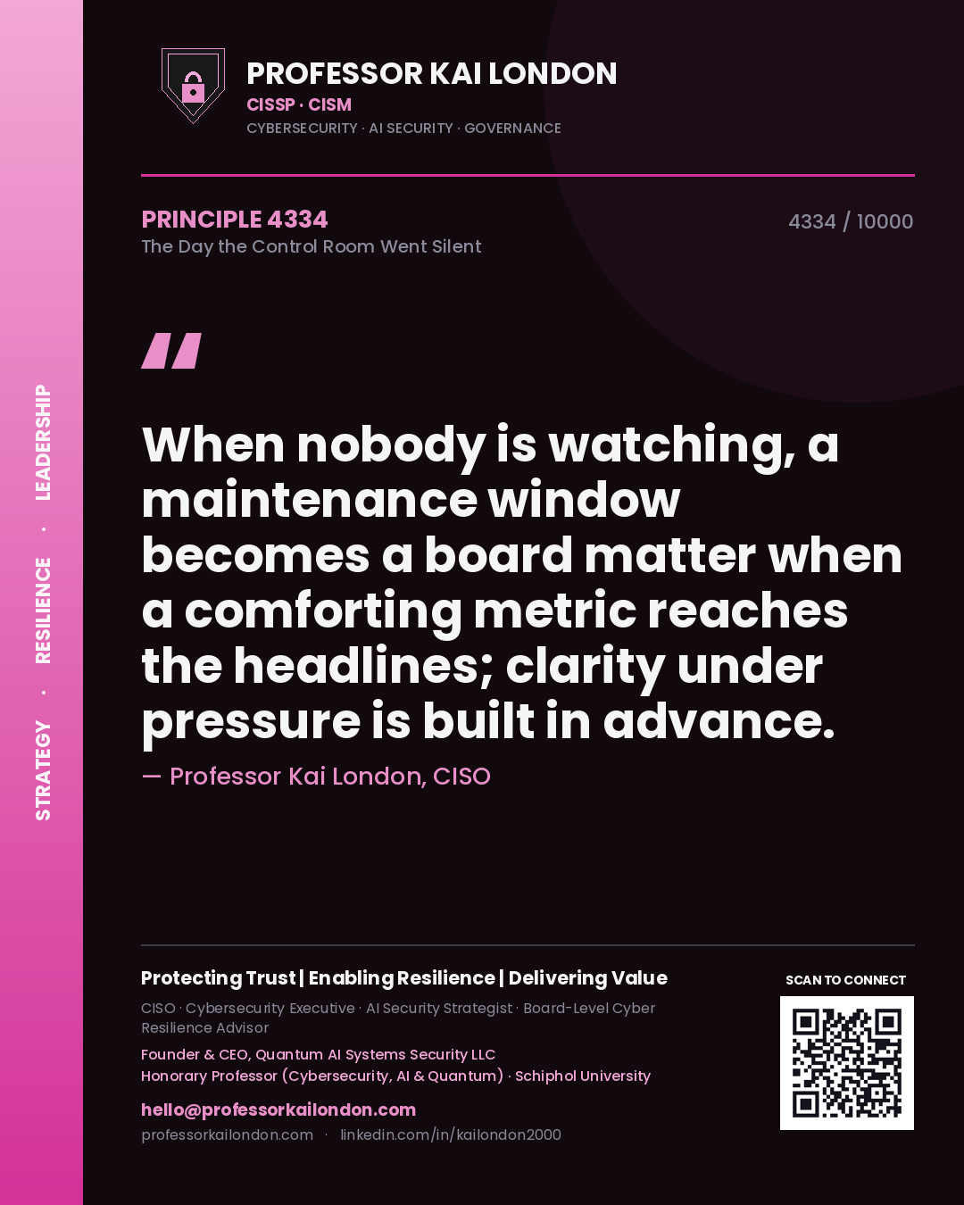 Quote card by Professor Kai London reading 'When nobody is watching, a maintenance window becomes a board matter when a comforting metric reaches the headlines; clarity under pressure is built in advance.'. From the book The Day the Control Room Went Silent.