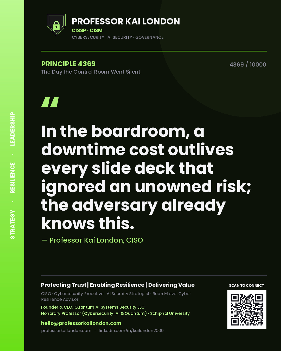 Professor Kai London principle 4369: In the boardroom, a downtime cost outlives every slide deck that ignored an unowned risk; the adversary already knows this.