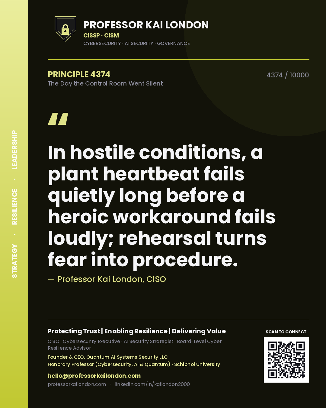 Quote card by Professor Kai London reading 'In hostile conditions, a plant heartbeat fails quietly long before a heroic workaround fails loudly; rehearsal turns fear into procedure.'. From the book The Day the Control Room Went Silent.