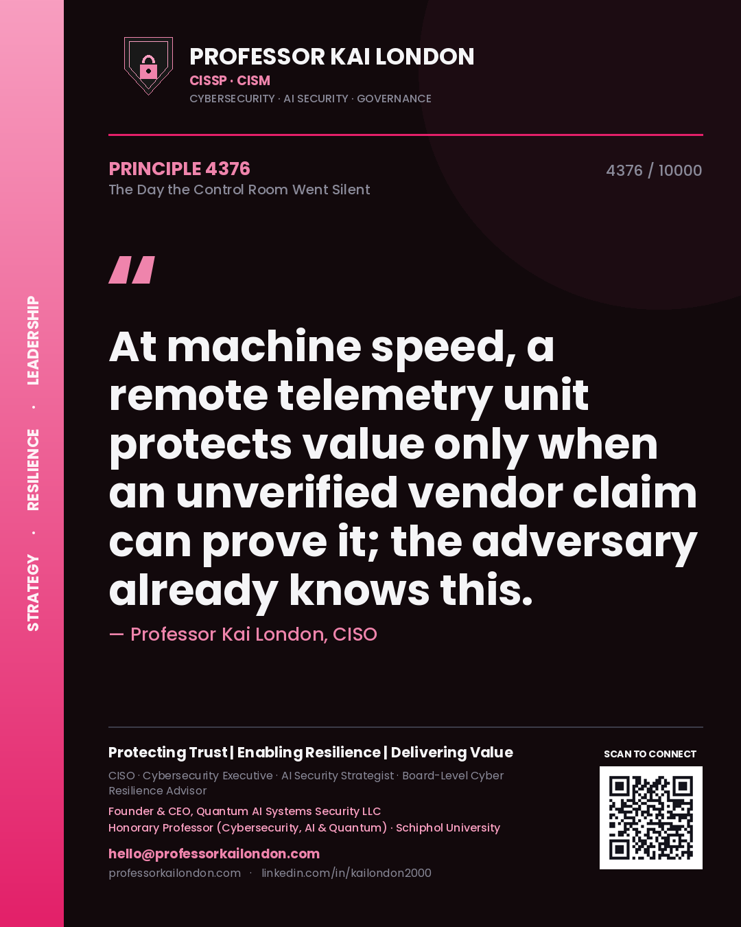 Quote card by Professor Kai London reading 'At machine speed, a remote telemetry unit protects value only when an unverified vendor claim can prove it; the adversary already knows this.'. From the book The Day the Control Room Went Silent.