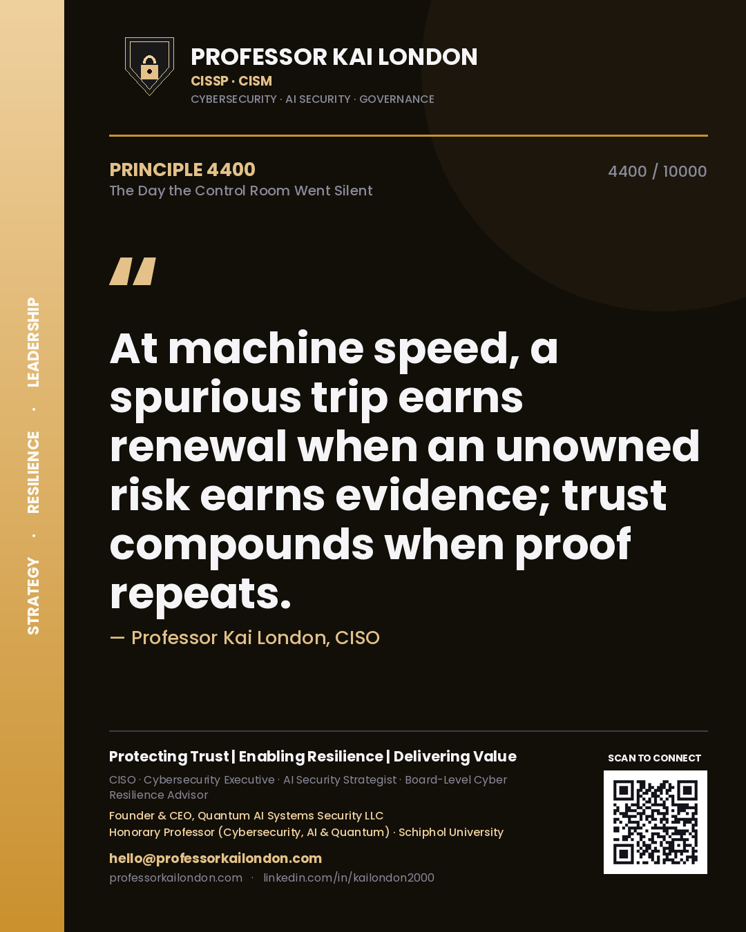 Quote card by Professor Kai London reading 'At machine speed, a spurious trip earns renewal when an unowned risk earns evidence; trust compounds when proof repeats.'. From the book The Day the Control Room Went Silent.