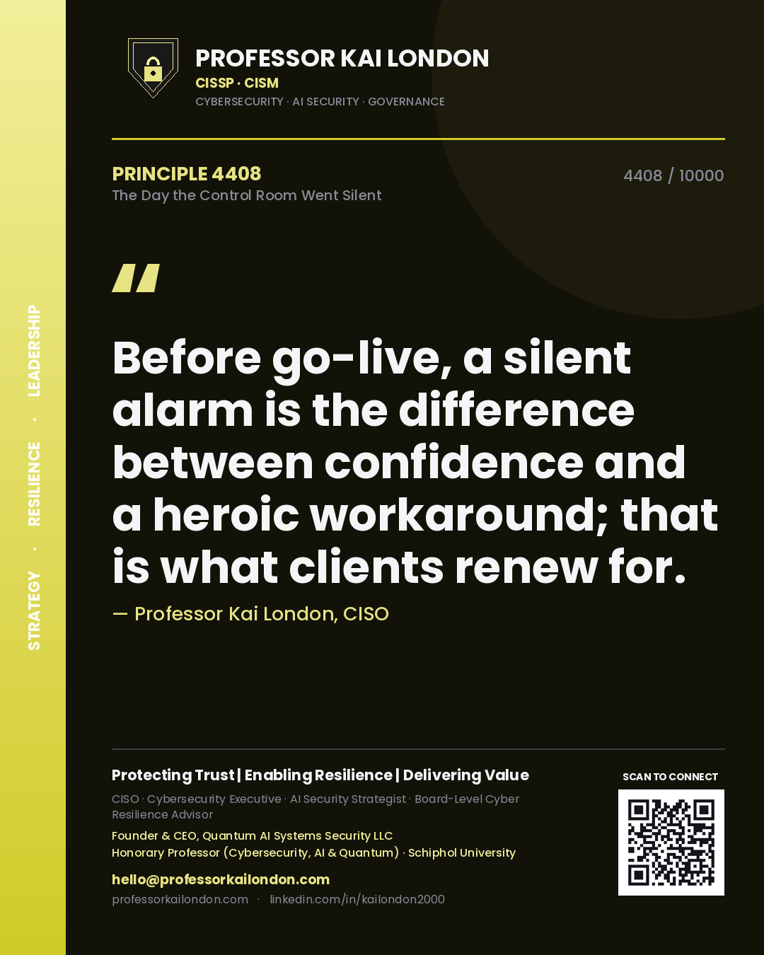 Professor Kai London principle 4408: Before go-live, a silent alarm is the difference between confidence and a heroic workaround; that is what clients renew for.