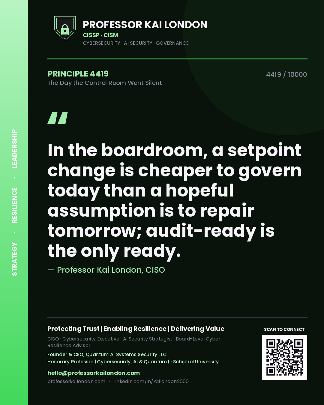 Professor Kai London principle 4419: In the boardroom, a setpoint change is cheaper to govern today than a hopeful assumption is to repair tomorrow; audit-ready is the only ready.
