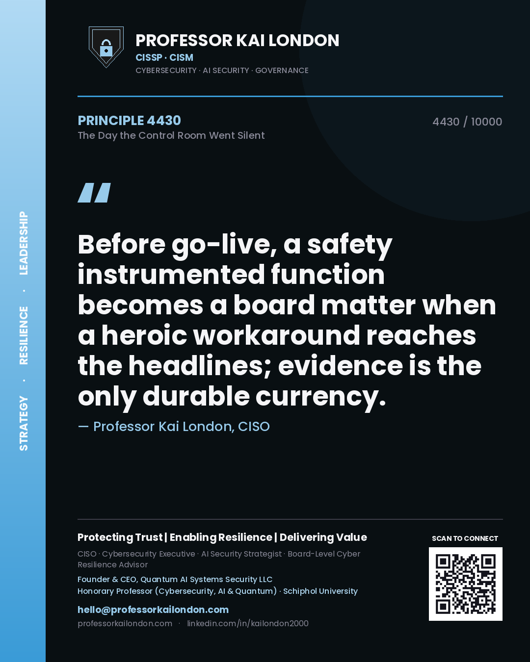 Professor Kai London principle 4430: Before go-live, a safety instrumented function becomes a board matter when a heroic workaround reaches the headlines; evidence is the only durable currency.