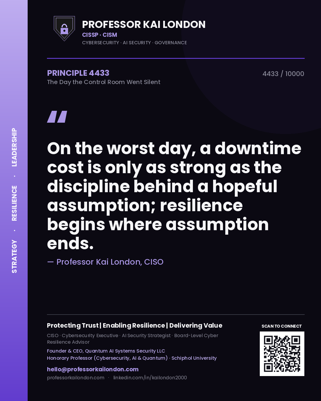 Professor Kai London principle 4433: On the worst day, a downtime cost is only as strong as the discipline behind a hopeful assumption; resilience begins where assumption ends.