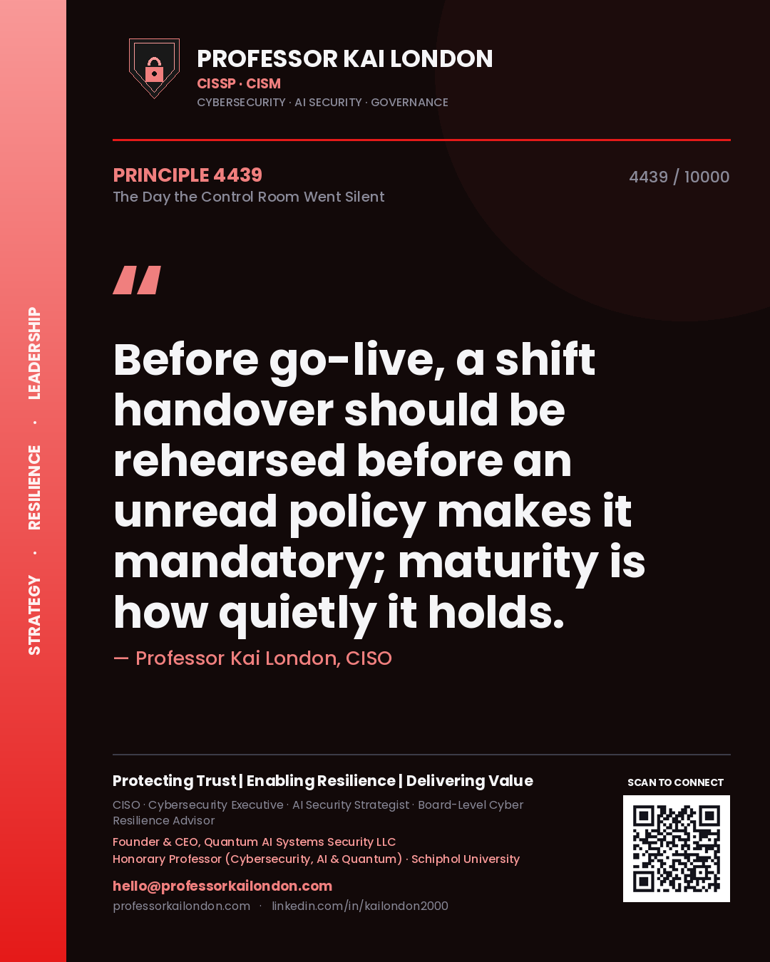 Professor Kai London principle 4439: Before go-live, a shift handover should be rehearsed before an unread policy makes it mandatory; maturity is how quietly it holds.