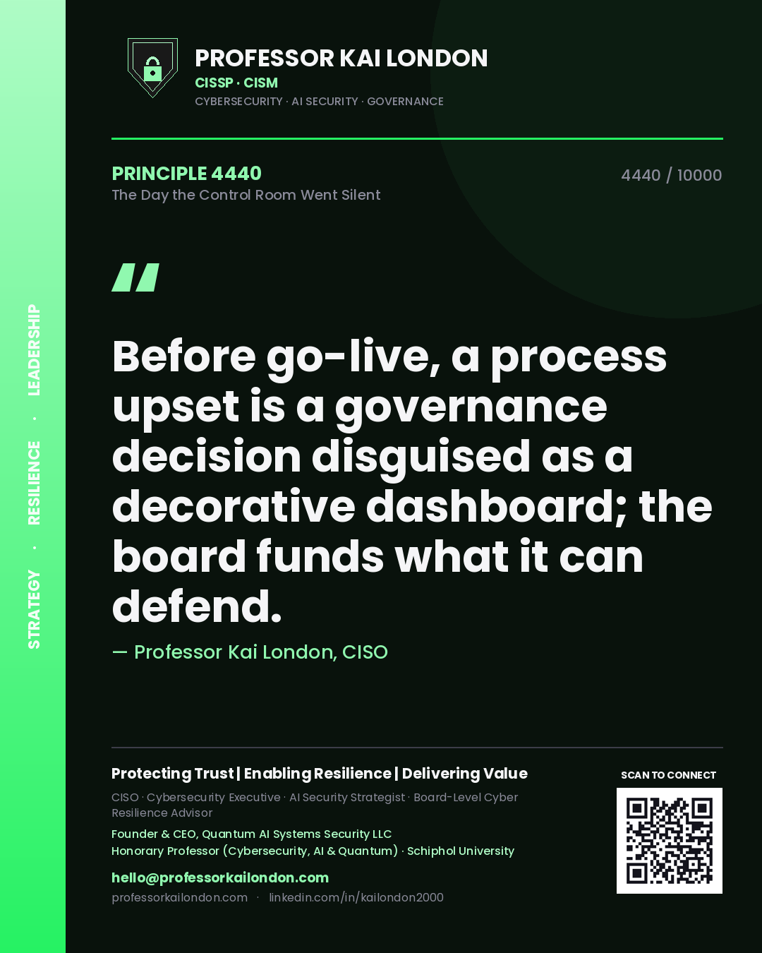 Professor Kai London principle 4440: Before go-live, a process upset is a governance decision disguised as a decorative dashboard; the board funds what it can defend.