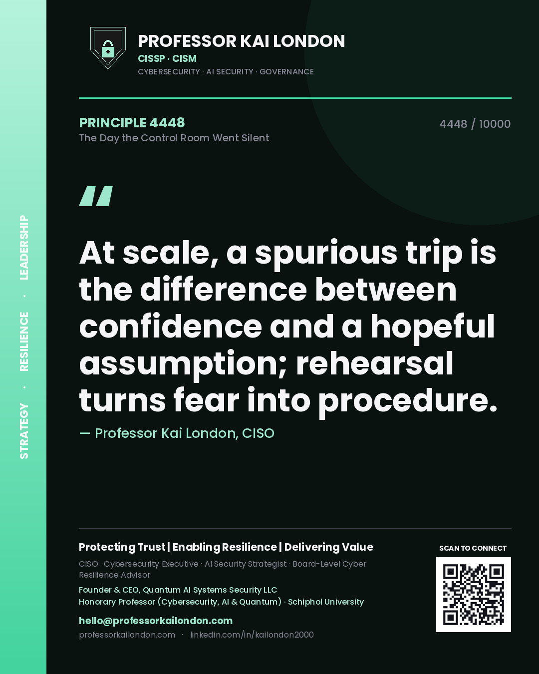 Professor Kai London principle 4448: At scale, a spurious trip is the difference between confidence and a hopeful assumption; rehearsal turns fear into procedure.