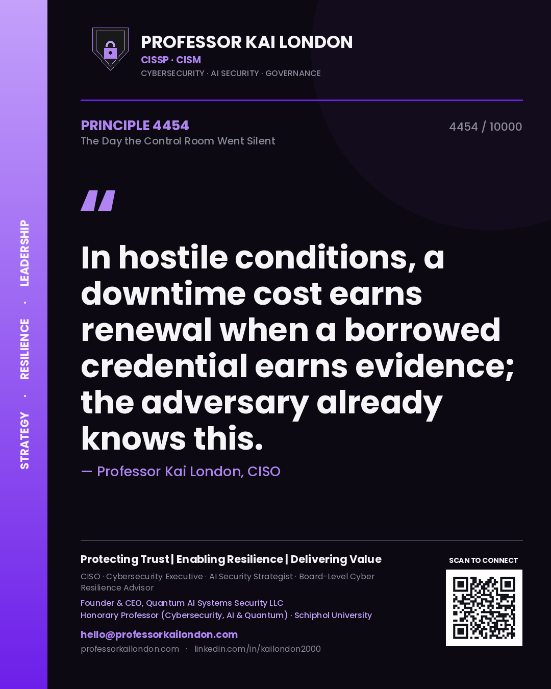Professor Kai London principle 4454: In hostile conditions, a downtime cost earns renewal when a borrowed credential earns evidence; the adversary already knows this.