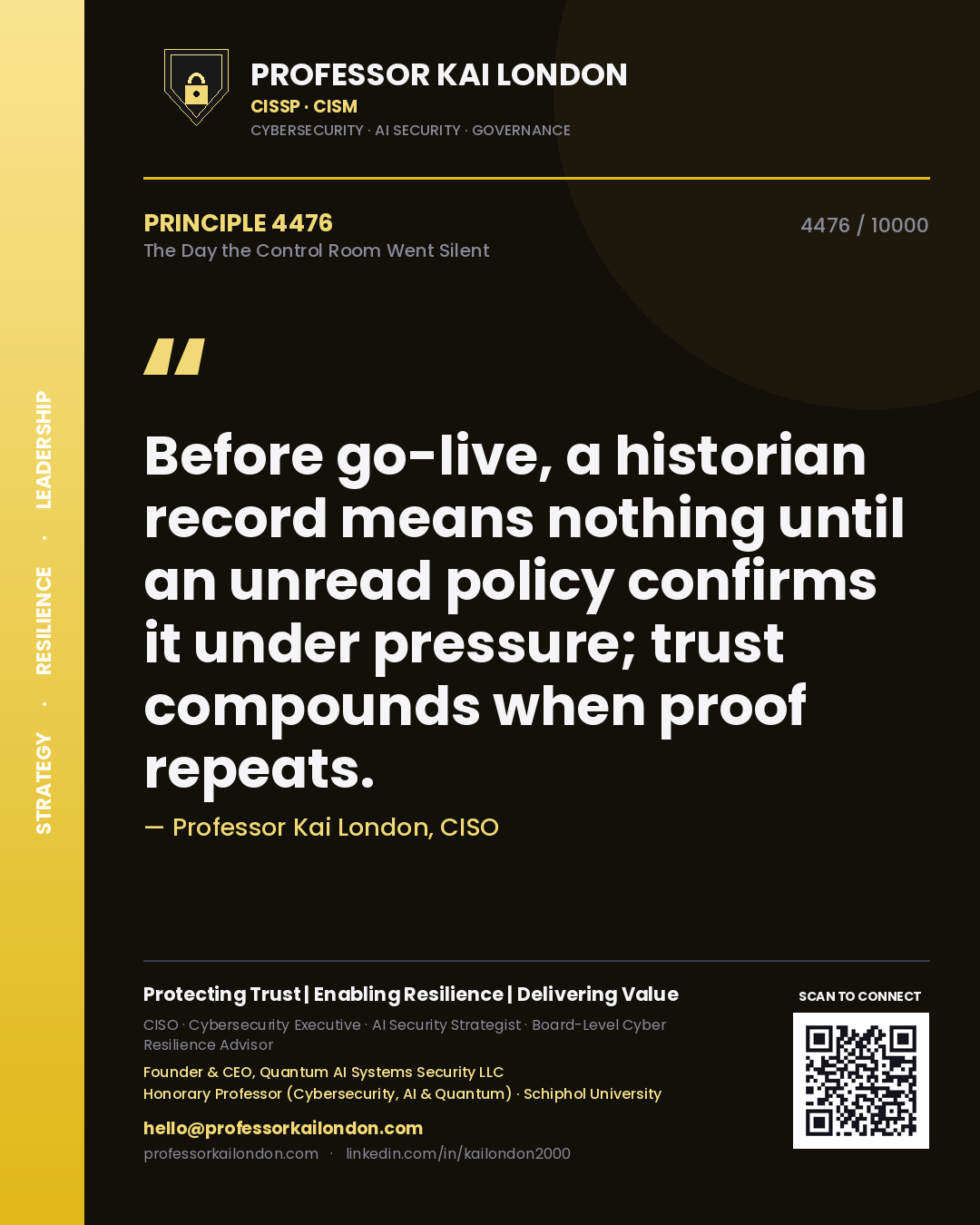 Professor Kai London principle 4476: Before go-live, a historian record means nothing until an unread policy confirms it under pressure; trust compounds when proof repeats.