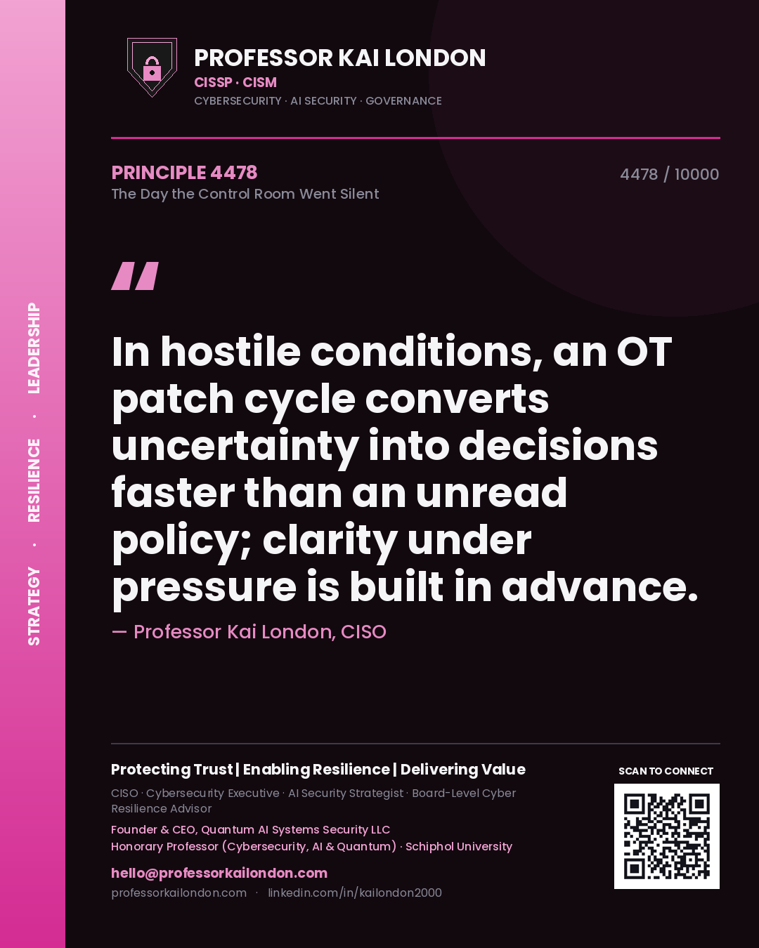 Professor Kai London principle 4478: In hostile conditions, an OT patch cycle converts uncertainty into decisions faster than an unread policy; clarity under pressure is built in advance.
