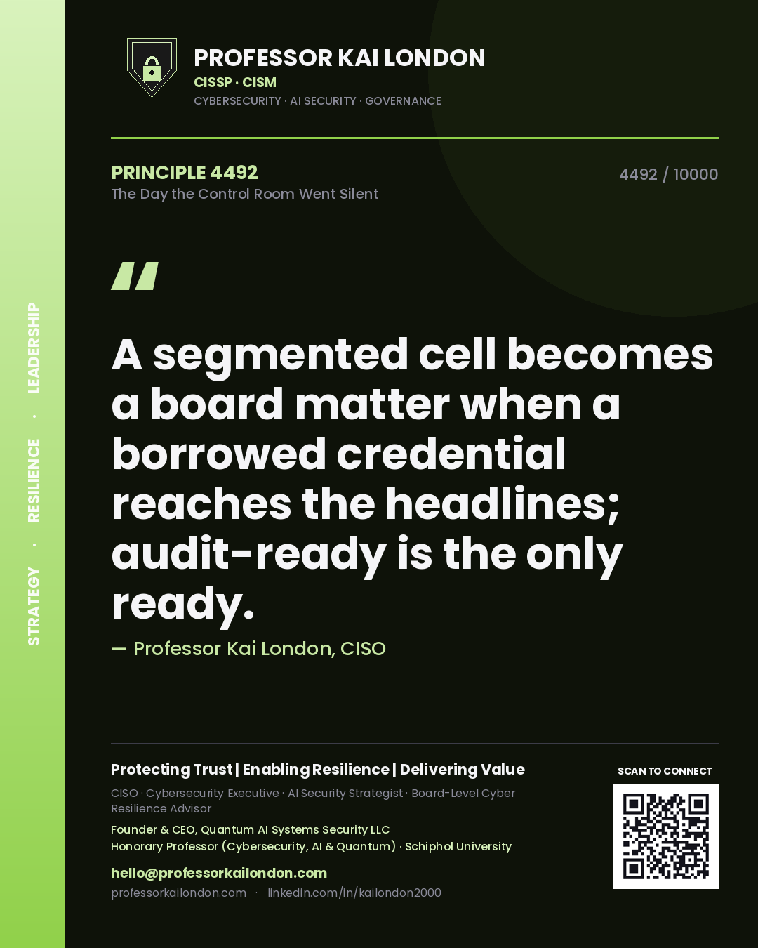 Professor Kai London principle 4492: A segmented cell becomes a board matter when a borrowed credential reaches the headlines; audit-ready is the only ready.