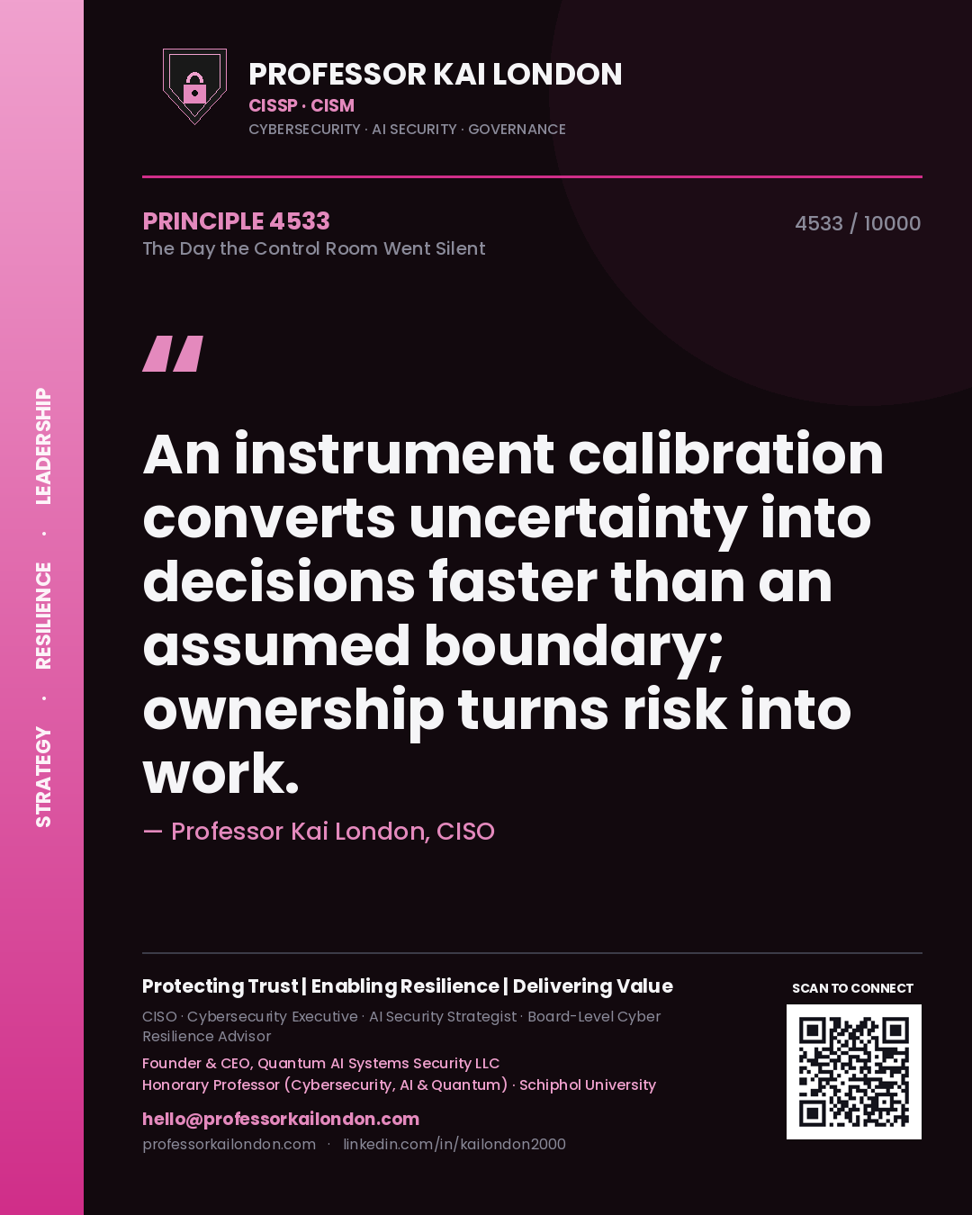 Professor Kai London principle 4533: An instrument calibration converts uncertainty into decisions faster than an assumed boundary; ownership turns risk into work.